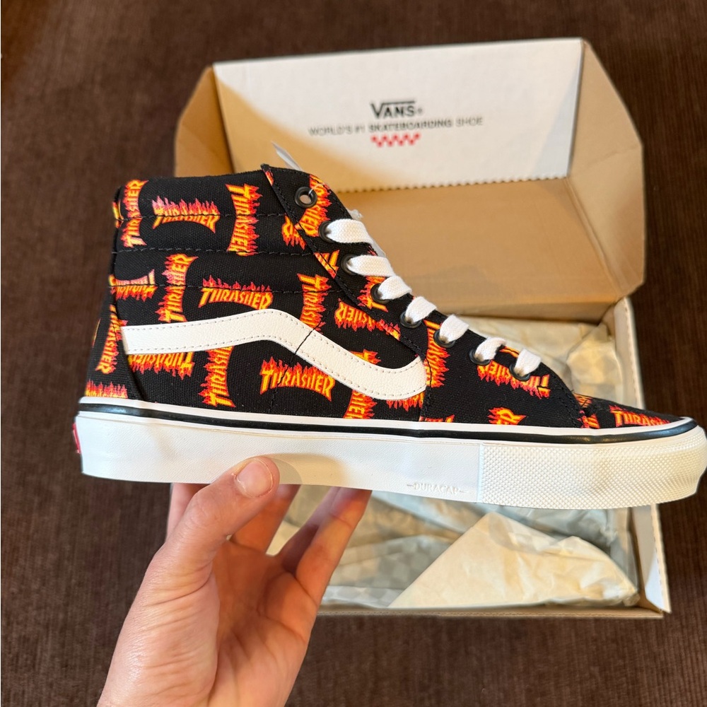 Vans Black and Orange Flame High-Tops